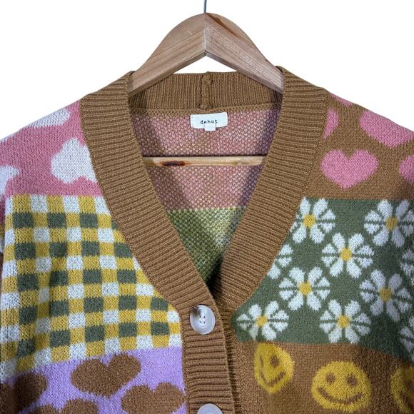 Debut Quirky Patchwork Cropped Cardigan Womens XS Brown Pink Retro Indie Whimsy - Picture 3 of 9